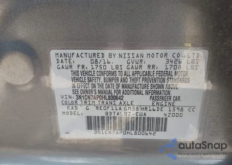 2017 Nissan Versa 1.6 S/1.6 S+/1.6 Sl/1.6 Sv from USA, damaged, VIN 3N1CN7AP0HL800642